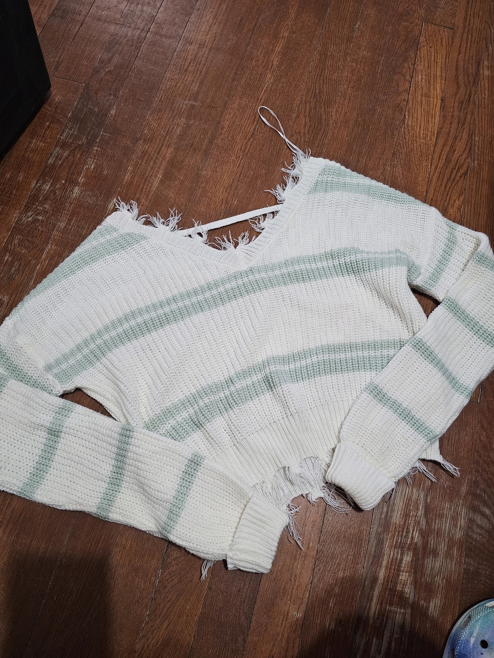 Cloud Chaser White & Mint Green Striped V‑Neck Fringe Pullover